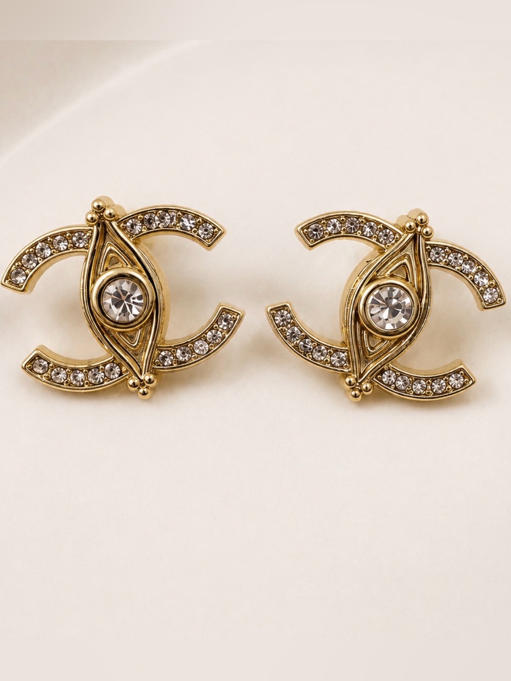CHANEL Gold Crystal Eye Double C Stud Earrings
